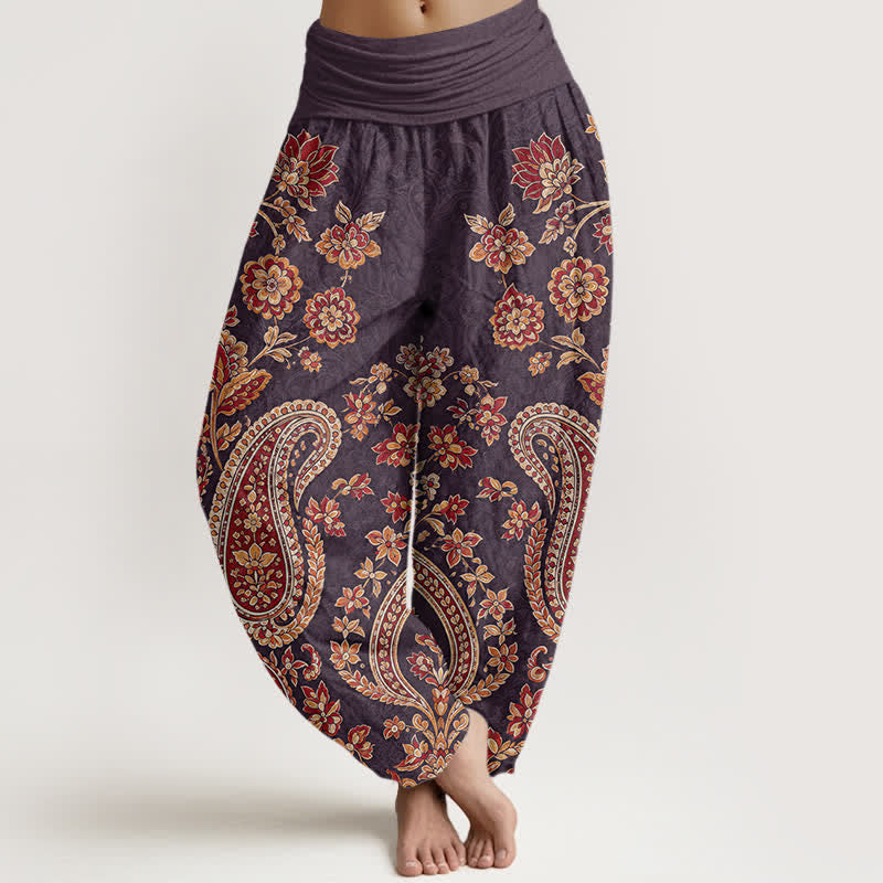 Buddha Stones Pantaloni harem da donna in cotone con fantasia floreale paisley e elastico in vita. - Viola - US16, UK/AU20, EU48 (3XL) - image 8