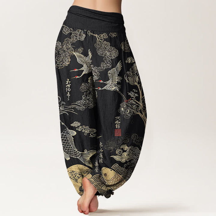 Buddha Stones Pantaloni harem da donna in cotone con motivo a gru, carpe koi e nuvole, con elastico in vita. - image 2