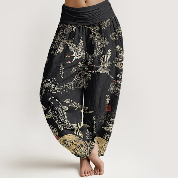 Buddha Stones Pantaloni harem da donna in cotone con motivo a gru, carpe koi e nuvole, con elastico in vita. - Nero - US16, UK/AU20, EU48 (3XL) - image 0