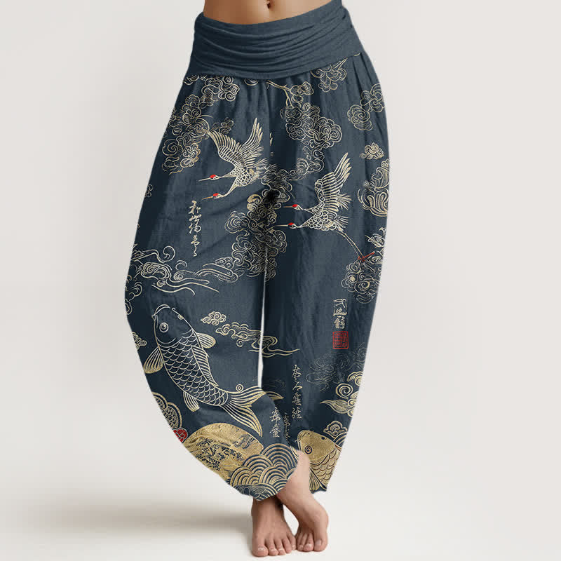 Buddha Stones Pantaloni harem da donna in cotone con motivo a gru, carpe koi e nuvole, con elastico in vita. - SteelBlue - US16, UK/AU20, EU48 (3XL) - image 5