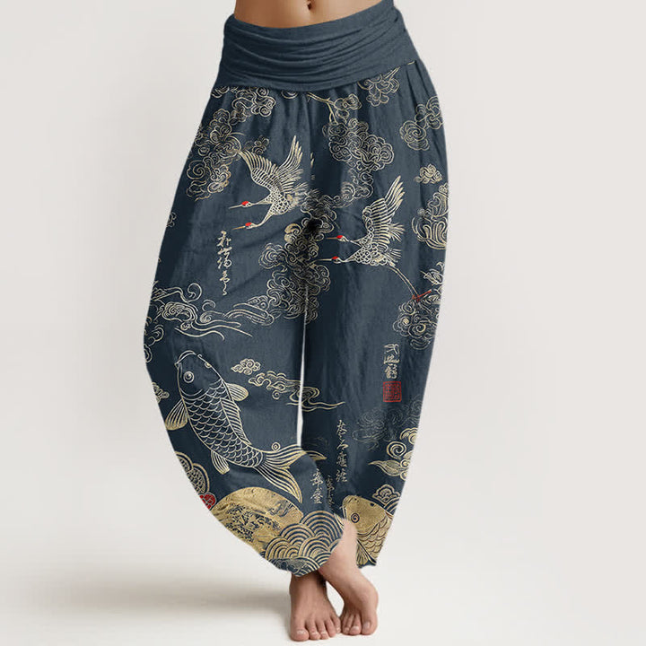 Buddha Stones Pantaloni harem da donna in cotone con motivo a gru, carpe koi e nuvole, con elastico in vita. - SteelBlue - US16, UK/AU20, EU48 (3XL) - image 5