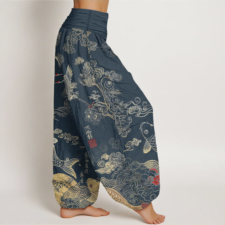 Buddha Stones Pantaloni harem da donna in cotone con motivo a gru, carpe koi e nuvole, con elastico in vita. - image 6