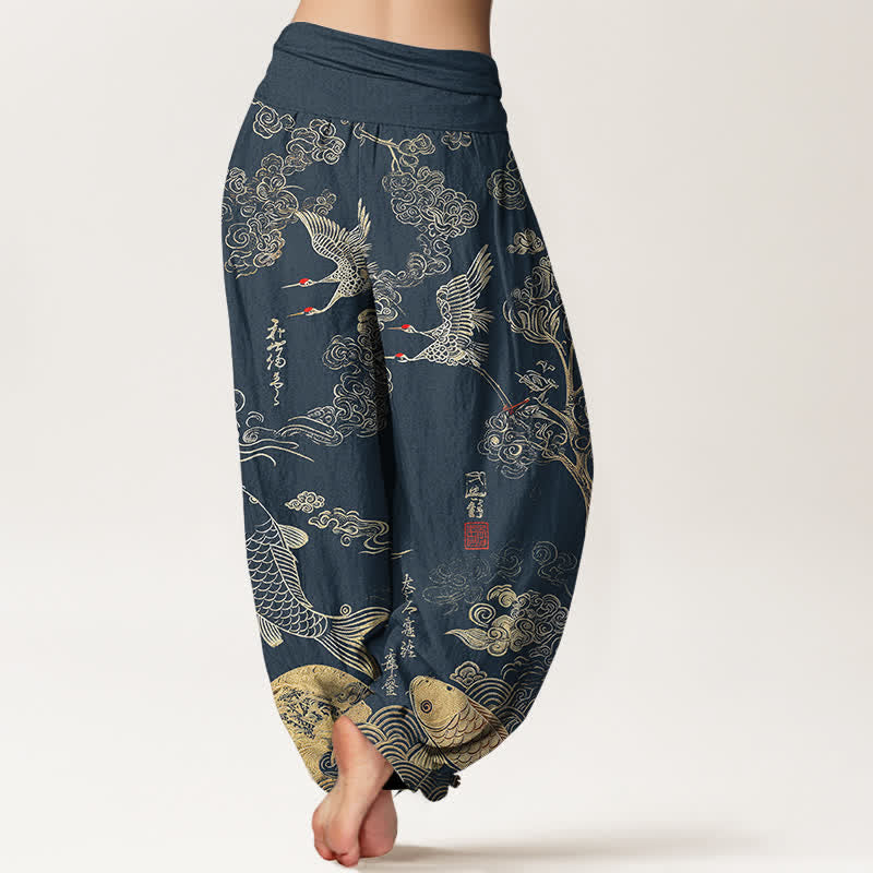 Buddha Stones Pantaloni harem da donna in cotone con motivo a gru, carpe koi e nuvole, con elastico in vita. - image 7