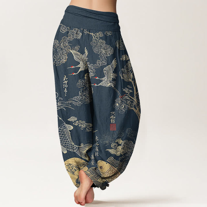 Buddha Stones Pantaloni harem da donna in cotone con motivo a gru, carpe koi e nuvole, con elastico in vita. - image 7