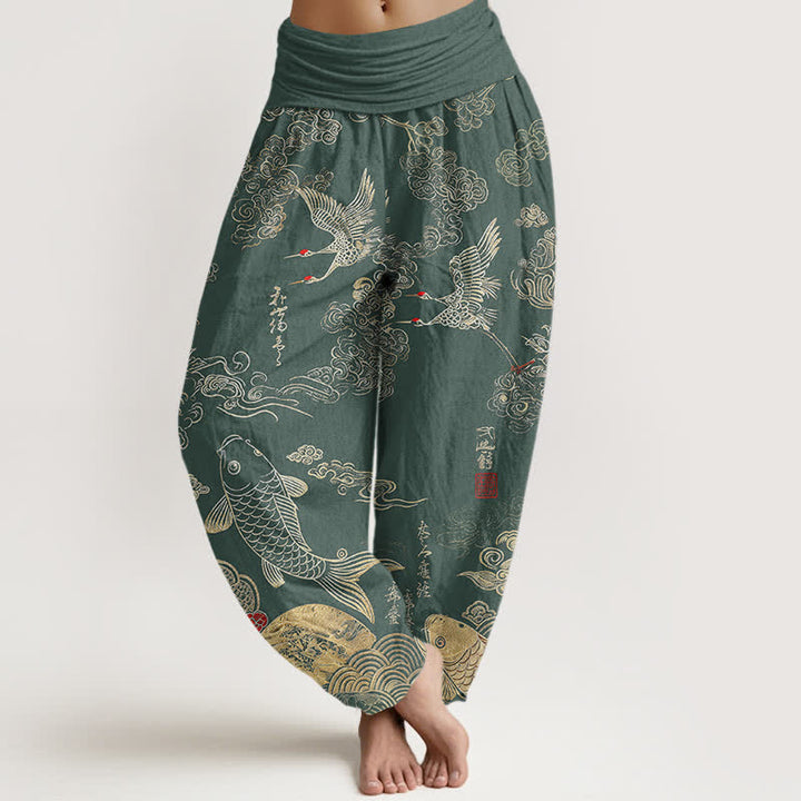Buddha Stones Pantaloni harem da donna in cotone con motivo a gru, carpe koi e nuvole, con elastico in vita. - Verde mare - US16, UK/AU20, EU48 (3XL) - image 8