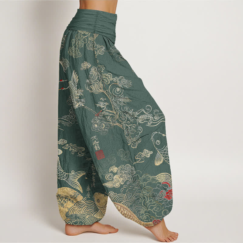 Buddha Stones Pantaloni harem da donna in cotone con motivo a gru, carpe koi e nuvole, con elastico in vita. - image 9