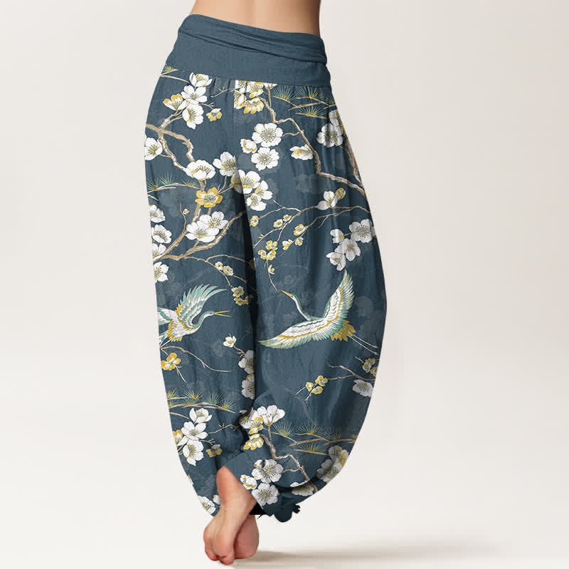 Buddha Stones Pantaloni harem da donna in cotone con motivo a gru e fiori bianchi, vita elasticizzata - image 2