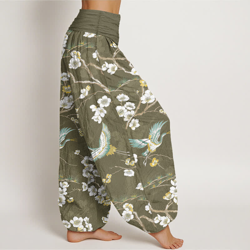 Buddha Stones Pantaloni harem da donna in cotone con motivo a gru e fiori bianchi, vita elasticizzata - image 6