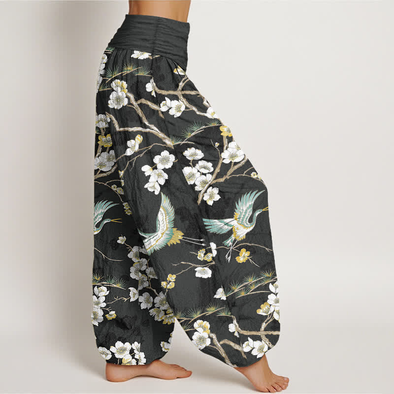 Buddha Stones Pantaloni harem da donna in cotone con motivo a gru e fiori bianchi, vita elasticizzata - image 9