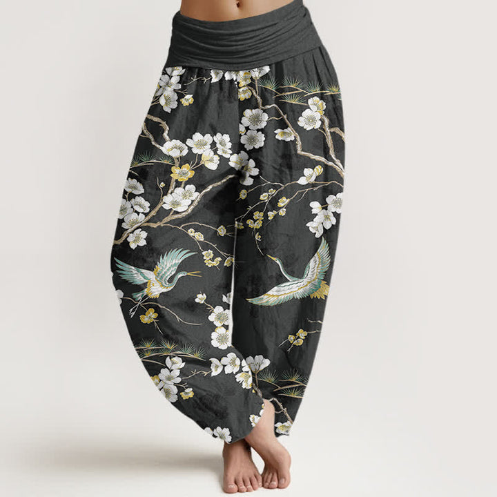 Buddha Stones Pantaloni harem da donna in cotone con motivo a gru e fiori bianchi, vita elasticizzata - Nero - US16, UK/AU20, EU48 (3XL) - image 8