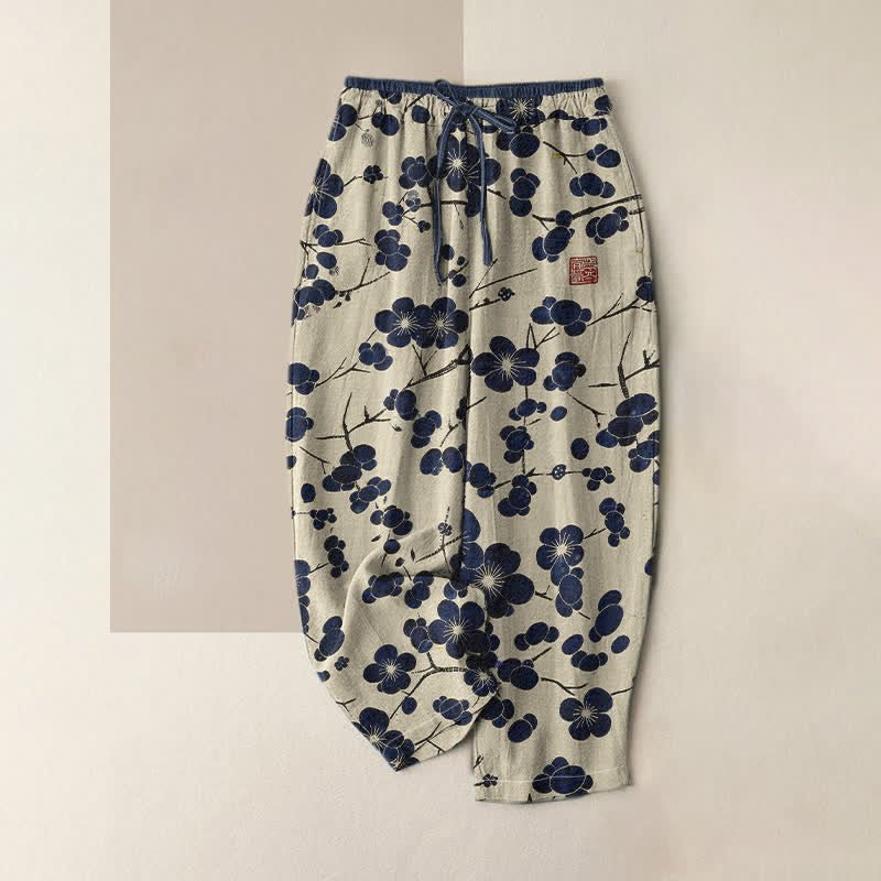 Buddha Stones Pantaloni da donna in puro cotone con motivo a fiori d'indaco e elastico in vita, con tasche. - Avorio - US16, UK/AU20, EU48 (3XL) - image 0