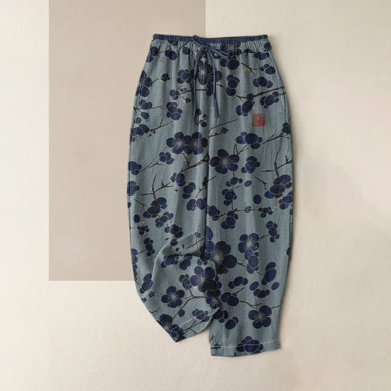 Buddha Stones Pantaloni da donna in puro cotone con motivo a fiori d'indaco e elastico in vita, con tasche. - Blu acciaio chiaro - US16, UK/AU20, EU48 (3XL) - image 3