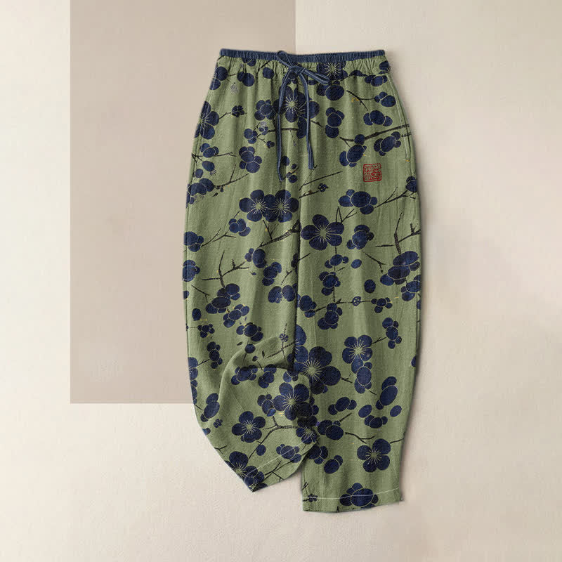 Buddha Stones Pantaloni da donna in puro cotone con motivo a fiori d'indaco e elastico in vita, con tasche. - Verde oliva - US16, UK/AU20, EU48 (3XL) - image 4