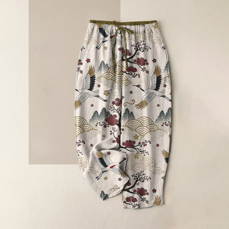 Buddha Stones Pantaloni da donna in puro cotone con elastico in vita e tasche, fantasia a gru e fiori di pruno. - Avorio - US16, UK/AU20, EU48 (3XL) - image 0