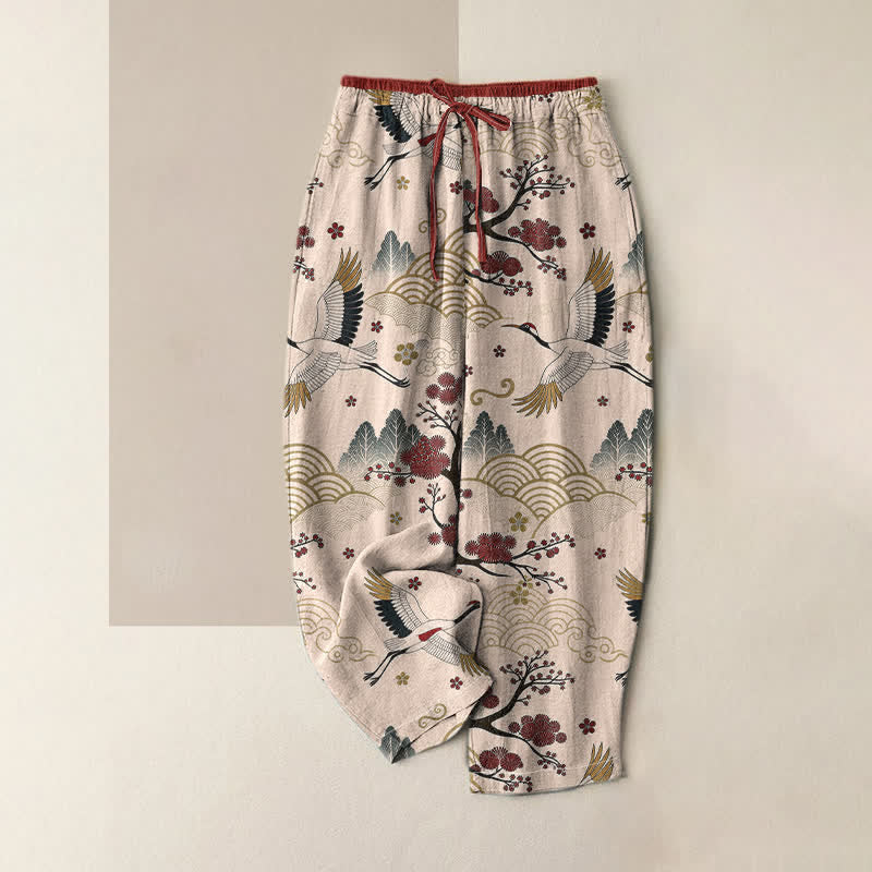 Buddha Stones Pantaloni da donna in puro cotone con elastico in vita e tasche, fantasia a gru e fiori di pruno. - Rosa lavanda - US16, UK/AU20, EU48 (3XL) - image 4