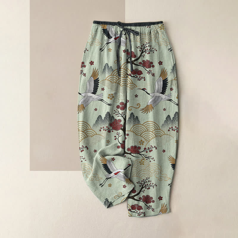 Buddha Stones Pantaloni da donna in puro cotone con elastico in vita e tasche, fantasia a gru e fiori di pruno. - Verde pallido - US16, UK/AU20, EU48 (3XL) - image 3
