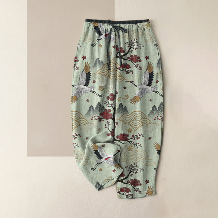Buddha Stones Pantaloni da donna in puro cotone con elastico in vita e tasche, fantasia a gru e fiori di pruno. - Verde pallido - US16, UK/AU20, EU48 (3XL) - image 3