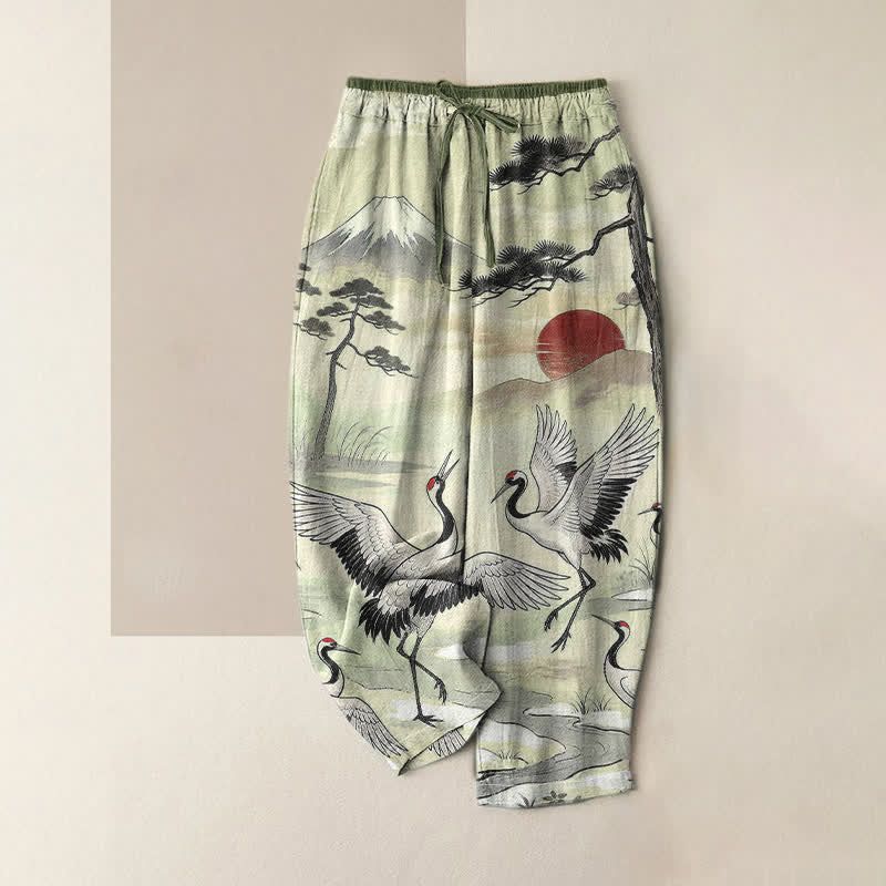Buddha Stones Pantaloni da donna in puro cotone con elastico in vita e tasche, fantasia paesaggio con gru. - Verde pallido - US16, UK/AU20, EU48 (3XL) - image 4