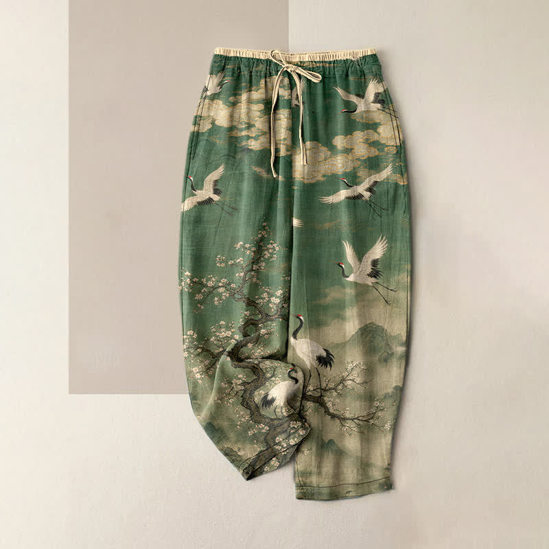 Buddha Stones Eleganti pantaloni da donna in puro cotone con elastico in vita e tasche, fantasia a fiori di gru. - Verde mare - US16, UK/AU20, EU48 (3XL) - image 0