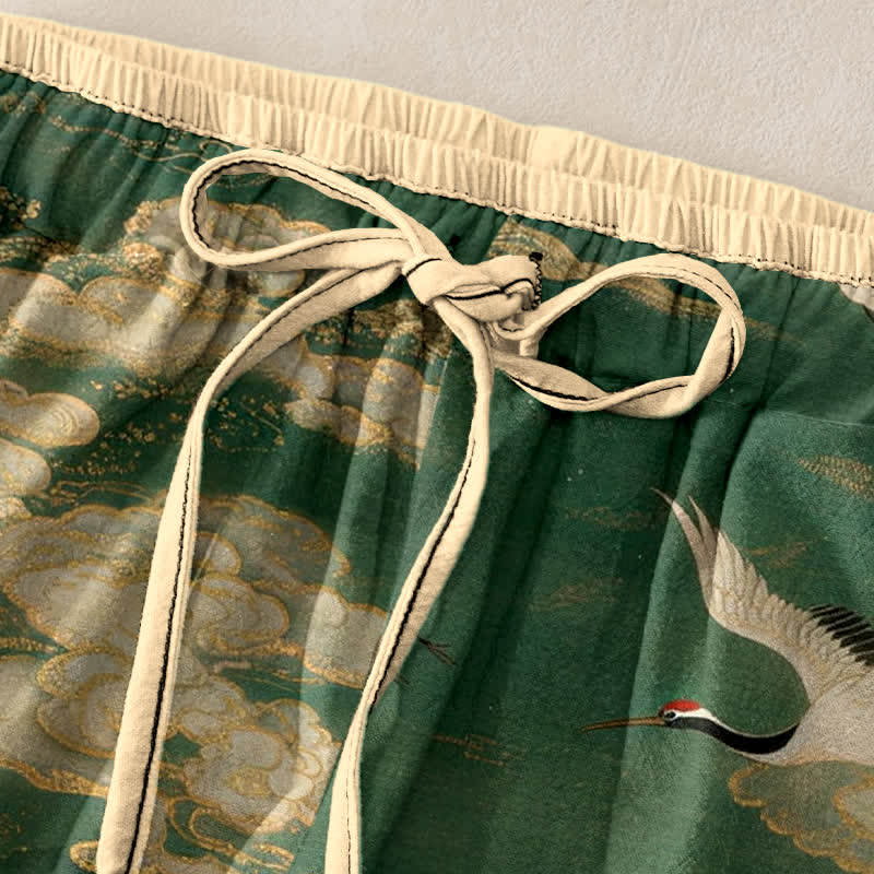 Buddha Stones Eleganti pantaloni da donna in puro cotone con elastico in vita e tasche, fantasia a fiori di gru. - image 1