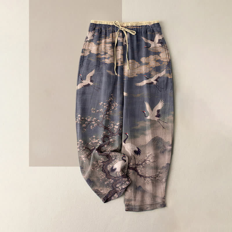 Buddha Stones Eleganti pantaloni da donna in puro cotone con elastico in vita e tasche, fantasia a fiori di gru. - Grigio ardesia - US16, UK/AU20, EU48 (3XL) - image 4