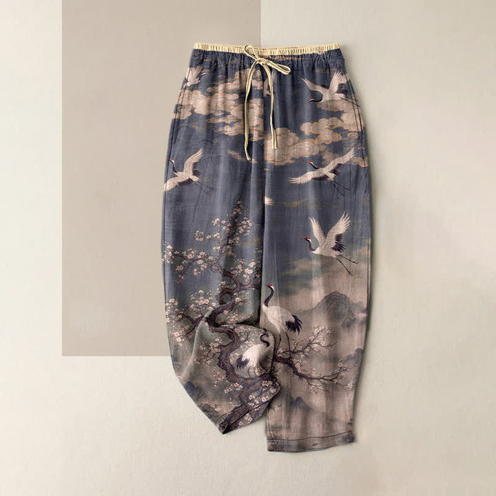 Buddha Stones Eleganti pantaloni da donna in puro cotone con elastico in vita e tasche, fantasia a fiori di gru. - Grigio ardesia - US16, UK/AU20, EU48 (3XL) - image 4