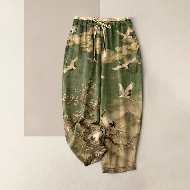 Buddha Stones Eleganti pantaloni da donna in puro cotone con elastico in vita e tasche, fantasia a fiori di gru. - Oliva - US16, UK/AU20, EU48 (3XL) - image 5