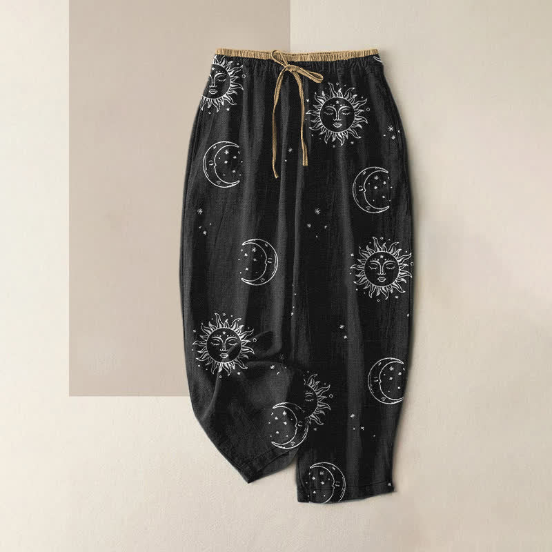 Buddha Stones Pantaloni da donna in puro cotone con elastico in vita e tasche, fantasia mistica luna e sole, con motivo a luna e sole. - Nero - US16, UK/AU20, EU48 (3XL) - image 0