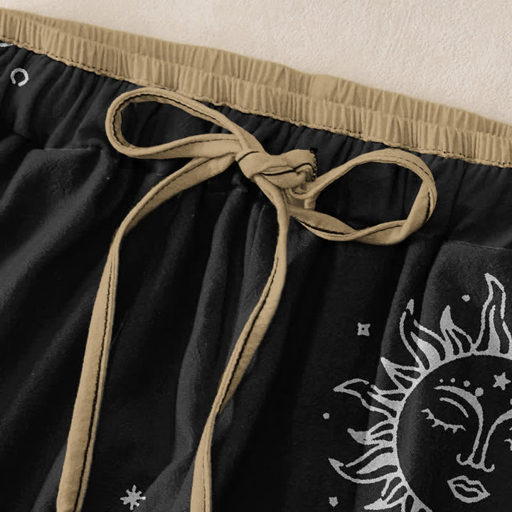Buddha Stones Pantaloni da donna in puro cotone con elastico in vita e tasche, fantasia mistica luna e sole, con motivo a luna e sole. - image 1