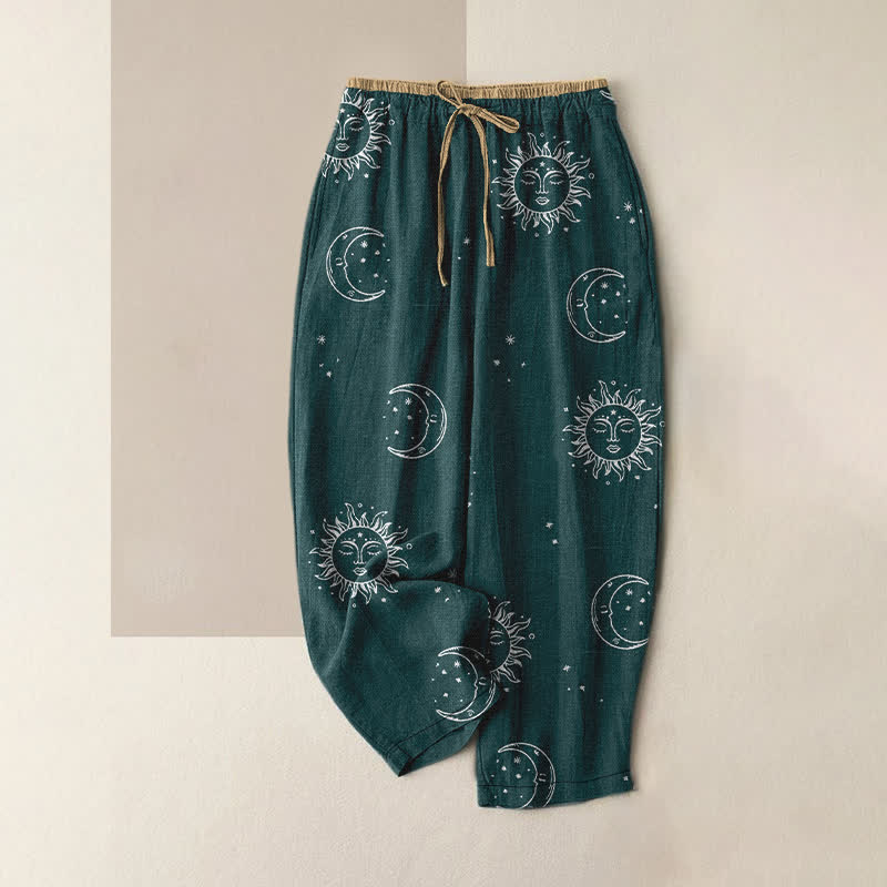 Buddha Stones Pantaloni da donna in puro cotone con elastico in vita e tasche, fantasia mistica luna e sole, con motivo a luna e sole. - Verde acqua - US16, UK/AU20, EU48 (3XL) - image 5
