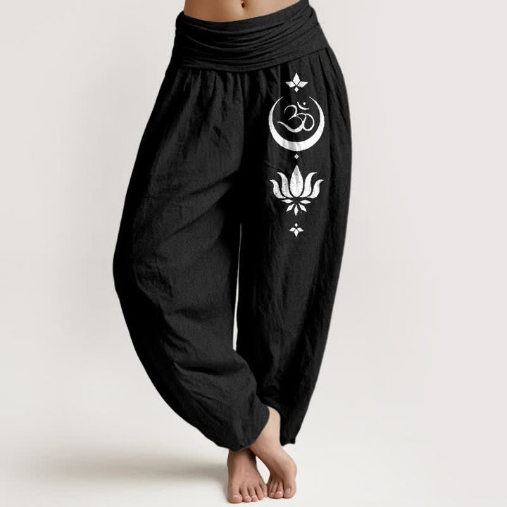 Buddha Stones Pantaloni harem da donna in puro cotone con motivo Om Lotus Moon e vita elasticizzata - Nero - US16, UK/AU20, EU48 (3XL) - image 0