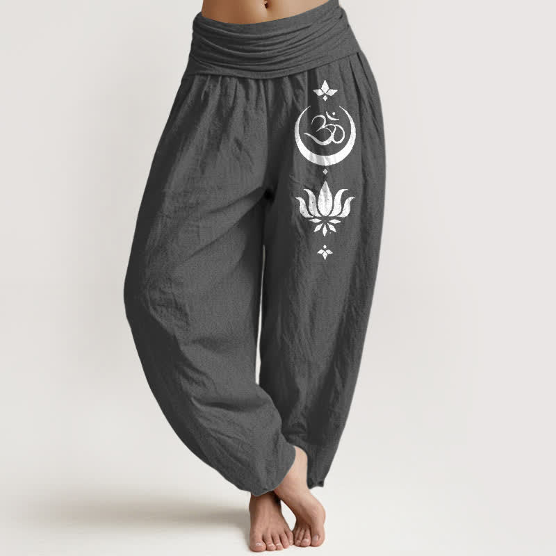 Buddha Stones Pantaloni harem da donna in puro cotone con motivo Om Lotus Moon e vita elasticizzata - Grigio tenue - US16, UK/AU20, EU48 (3XL) - image 8