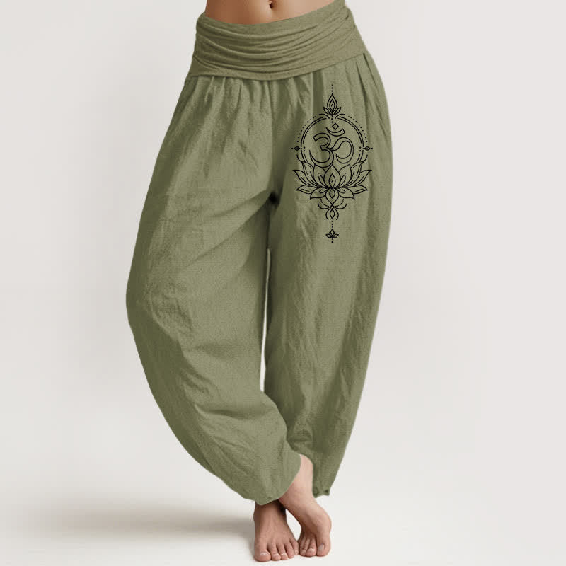 Buddha Stones Pantaloni harem da donna in puro cotone con motivo mandala Om e loto, con elastico in vita. - Verde oliva - US16, UK/AU20, EU48 (3XL) - image 14