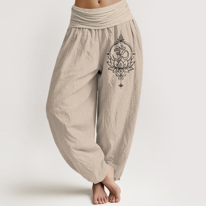 Buddha Stones Pantaloni harem da donna in puro cotone con motivo mandala Om e loto, con elastico in vita. - Tan - US16, UK/AU20, EU48 (3XL) - image 11