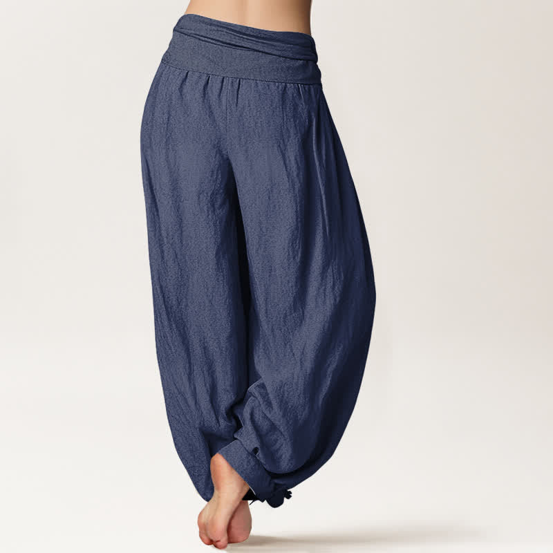 Buddha Stones Pantaloni harem da donna in puro cotone con motivo a loto e fasi lunari, con elastico in vita. - image 10
