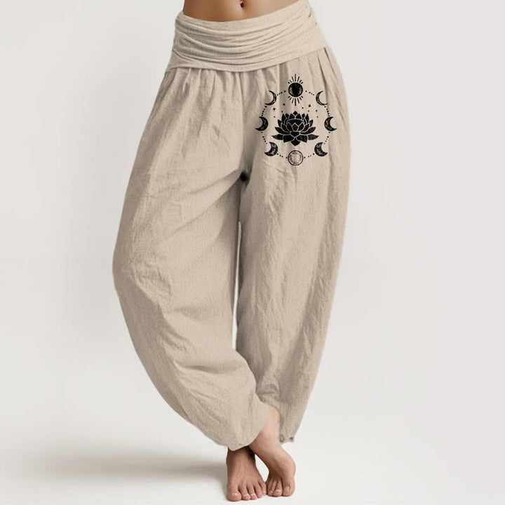 Buddha Stones Pantaloni harem da donna in puro cotone con motivo a loto e fasi lunari, con elastico in vita. - Tan - US16, UK/AU20, EU48 (3XL) - image 11