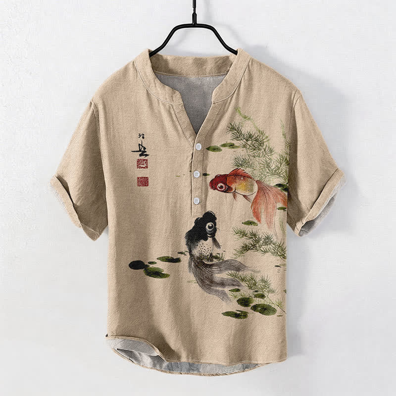 Buddha Stones Camicia da uomo a maniche corte con mezza abbottonatura e motivo a foglie di loto e carpe koi in cotone. - Grano - US/UK/AU50, EU60 (5XL) - image 3