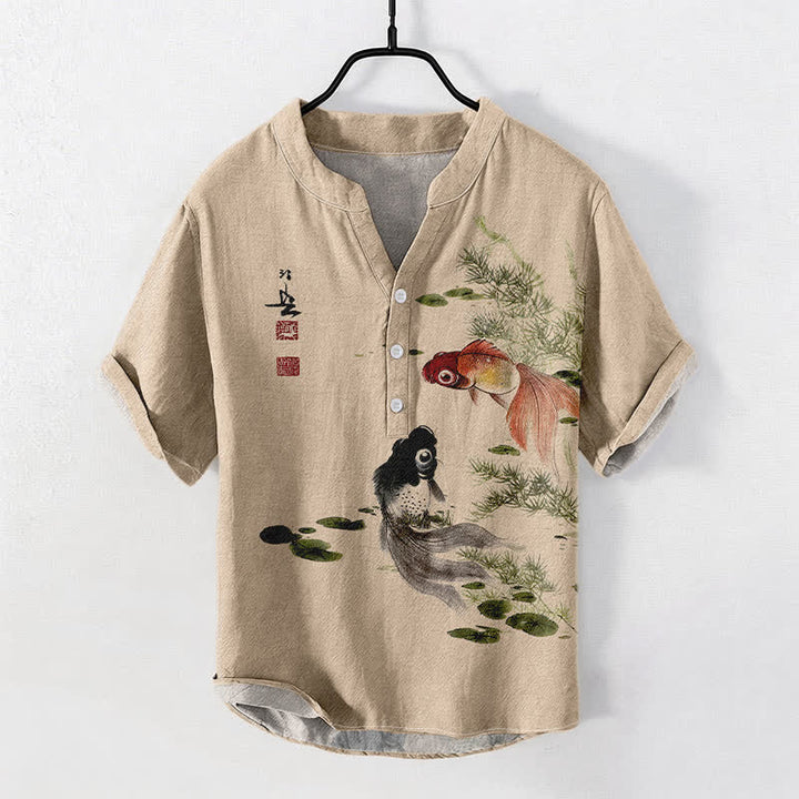Buddha Stones Camicia da uomo a maniche corte con mezza abbottonatura e motivo a foglie di loto e carpe koi in cotone. - Grano - US/UK/AU50, EU60 (5XL) - image 3