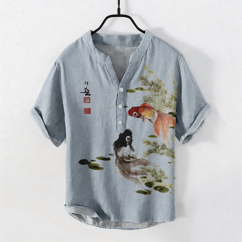 Buddha Stones Camicia da uomo a maniche corte con mezza abbottonatura e motivo a foglie di loto e carpe koi in cotone. - Blu acciaio chiaro - US/UK/AU50, EU60 (5XL) - image 5