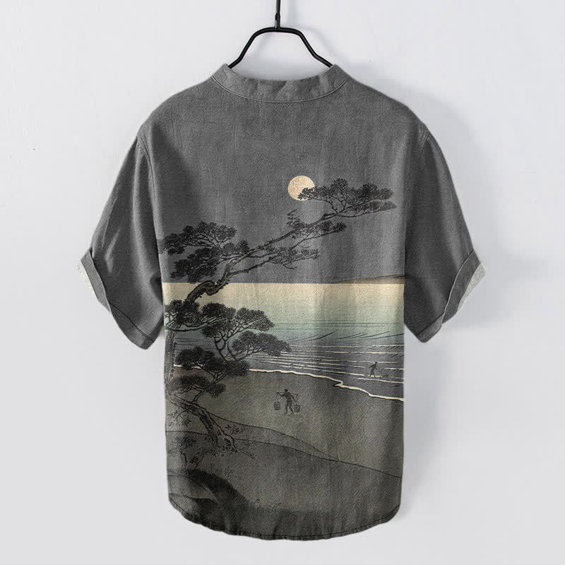 Buddha Stones Camicia da uomo a maniche corte con mezza abbottonatura, in cotone, con motivo "Costa al chiaro di luna" e pini. - image 6