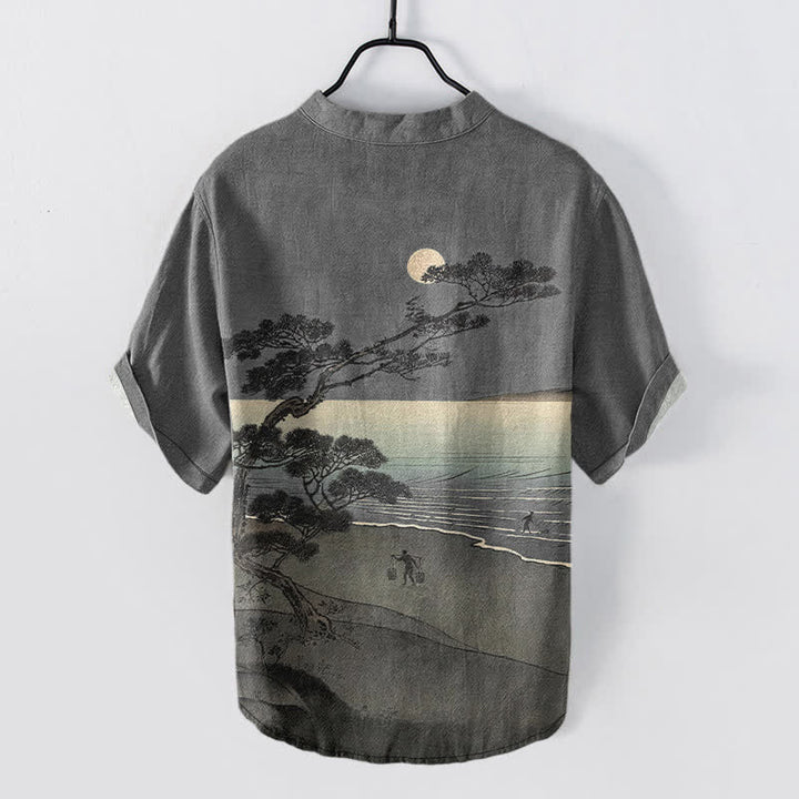Buddha Stones Camicia da uomo a maniche corte con mezza abbottonatura, in cotone, con motivo "Costa al chiaro di luna" e pini. - image 6