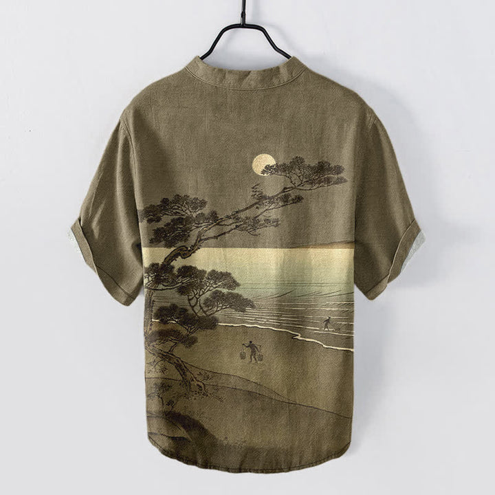 Buddha Stones Camicia da uomo a maniche corte con mezza abbottonatura, in cotone, con motivo "Costa al chiaro di luna" e pini. - image 8