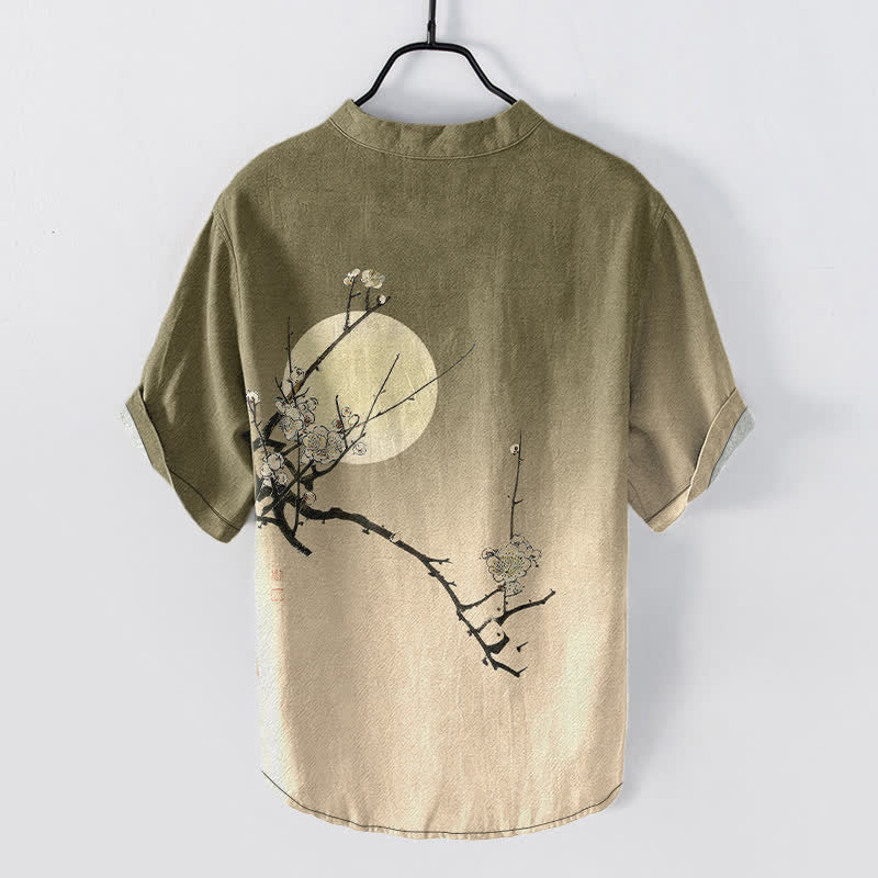 Buddha Stones Camicia da uomo a maniche corte con mezza abbottonatura, in cotone, con motivo a fiori di pruno e luna. - image 1