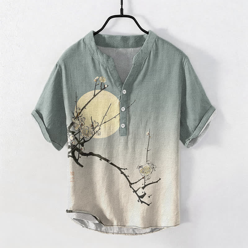 Buddha Stones Camicia da uomo a maniche corte con mezza abbottonatura, in cotone, con motivo a fiori di pruno e luna. - Cadetto Blu - US/UK/AU50, EU60 (5XL) - image 5