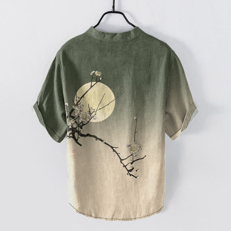 Buddha Stones Camicia da uomo a maniche corte con mezza abbottonatura, in cotone, con motivo a fiori di pruno e luna. - image 8