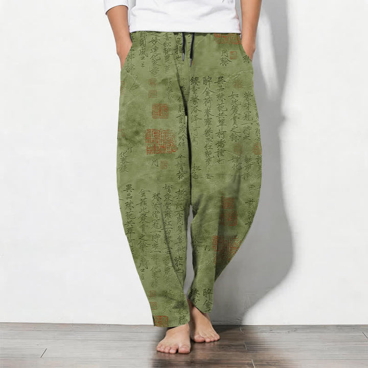 Buddha Stones Pantaloni da uomo affusolati in puro cotone con coulisse e tasche, motivo a sigillo con calligrafia vintage. - Verde oliva - US/UK/AU50, EU60 (5XL) - image 11
