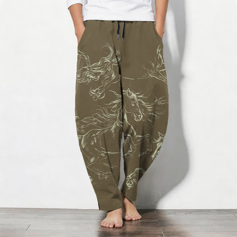 Buddha Stones Pantaloni da uomo affusolati con coulisse e tasche, in puro cotone, con motivo a cavalli al galoppo. - Verga d'oro scura - US/UK/AU50, EU60 (5XL) - image 11