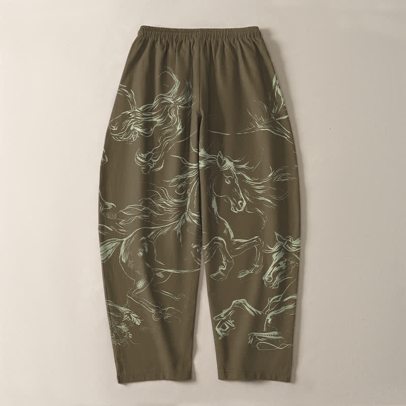 Buddha Stones Pantaloni da uomo affusolati con coulisse e tasche, in puro cotone, con motivo a cavalli al galoppo. - image 14