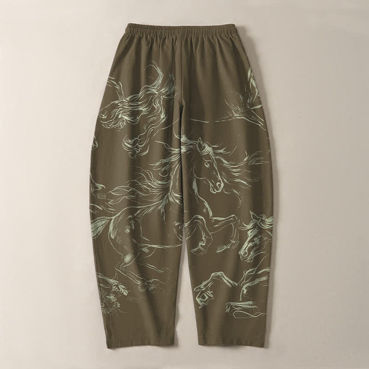 Buddha Stones Pantaloni da uomo affusolati con coulisse e tasche, in puro cotone, con motivo a cavalli al galoppo. - image 14
