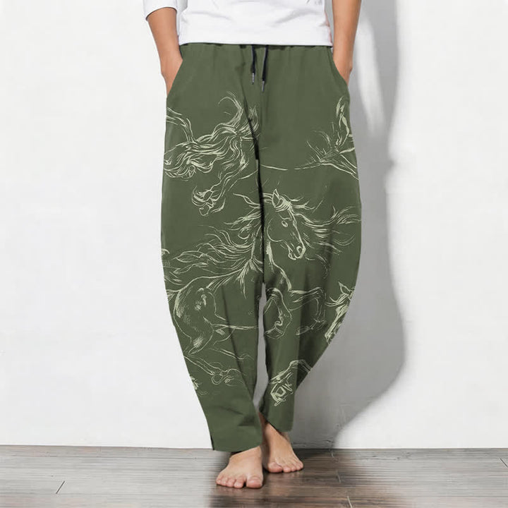 Buddha Stones Pantaloni da uomo affusolati con coulisse e tasche, in puro cotone, con motivo a cavalli al galoppo. - Verde oliva scuro - US/UK/AU50, EU60 (5XL) - image 7